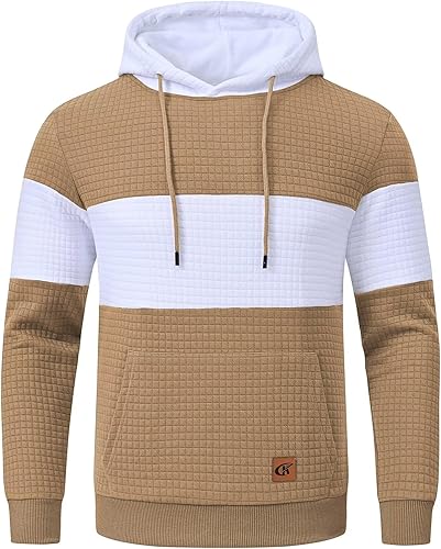 Men's Pullover Hoodies Plaid Jacquard Long Sleeve Drawstring Hipster Casual Hooded Sweatshirts with Kanga Pockets