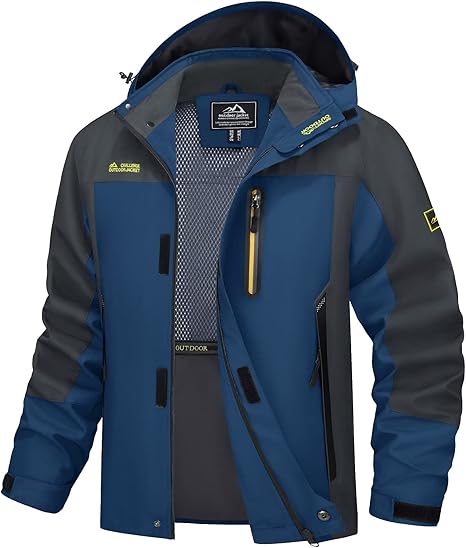Men's Hooded Windproof Water Resistant Rain Jacket Windbreaker 5 Pockets for Hiking,Fishing,Travel