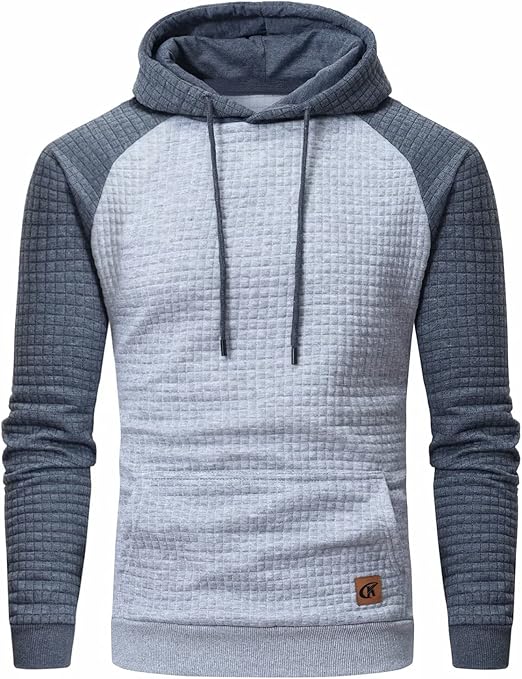 Men's Pullover Hoodies Plaid Jacquard Long Sleeve Drawstring Hipster Casual Hooded Sweatshirts with Kanga Pockets