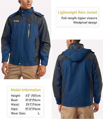 Men's Hooded Windproof Water Resistant Rain Jacket Windbreaker 5 Pockets for Hiking,Fishing,Travel