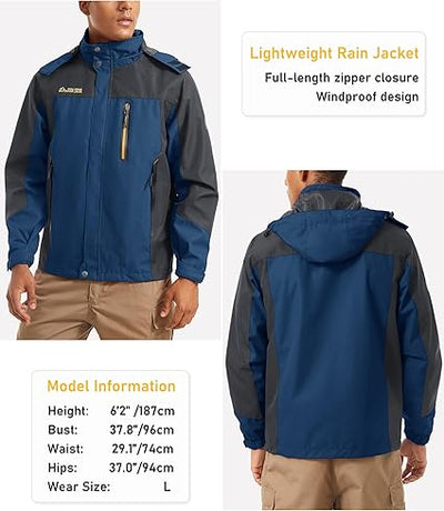 Men's Hooded Windproof Water Resistant Rain Jacket Windbreaker 5 Pockets for Hiking,Fishing,Travel
