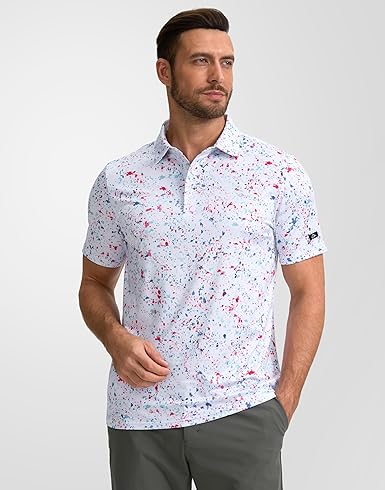 Mens Golf Polo Shirts Short Sleeve Dry Fit Performance Moisture Wicking Casual Print Collared Golf Shirts for Men