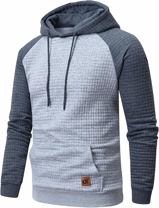 Men's Pullover Hoodies Plaid Jacquard Long Sleeve Drawstring Hipster Casual Hooded Sweatshirts with Kanga Pockets