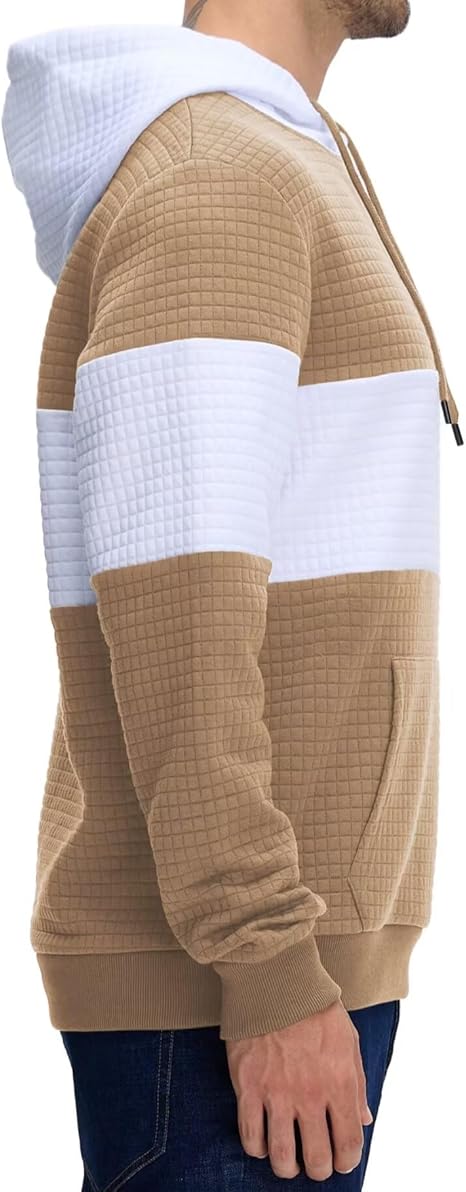 Men's Pullover Hoodies Plaid Jacquard Long Sleeve Drawstring Hipster Casual Hooded Sweatshirts with Kanga Pockets