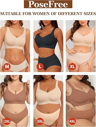 PoseFree Womens Seamless Wireless Supportive Bra Push Up Comfort Soft No Underwire Full Coverage T-Shirt Bra