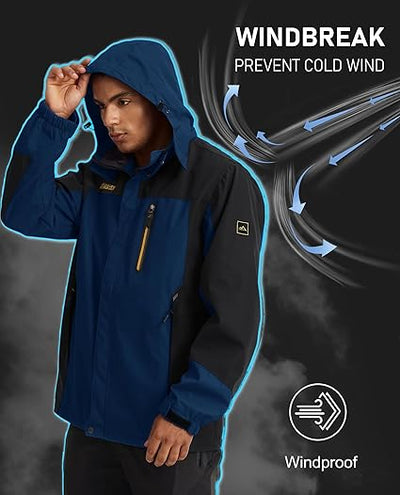 Men's Hooded Windproof Water Resistant Rain Jacket Windbreaker 5 Pockets for Hiking,Fishing,Travel