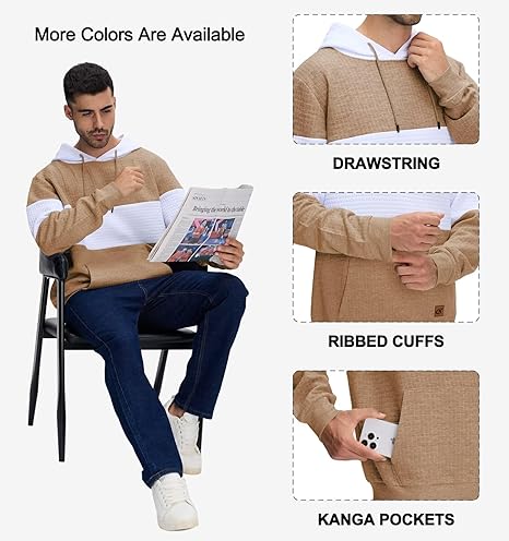 Men's Pullover Hoodies Plaid Jacquard Long Sleeve Drawstring Hipster Casual Hooded Sweatshirts with Kanga Pockets
