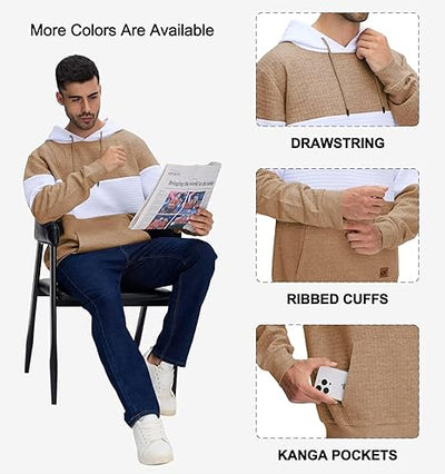 Men's Pullover Hoodies Plaid Jacquard Long Sleeve Drawstring Hipster Casual Hooded Sweatshirts with Kanga Pockets