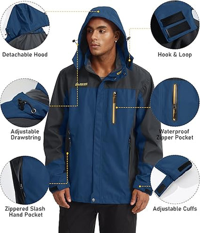 Men's Hooded Windproof Water Resistant Rain Jacket Windbreaker 5 Pockets for Hiking,Fishing,Travel