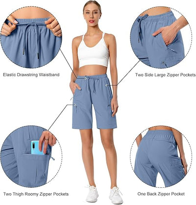 Women's Lightweight Hiking Cargo Shorts Quick Dry Athletic Shorts for Camping Travel Golf with Zipper Pockets Water Resistant