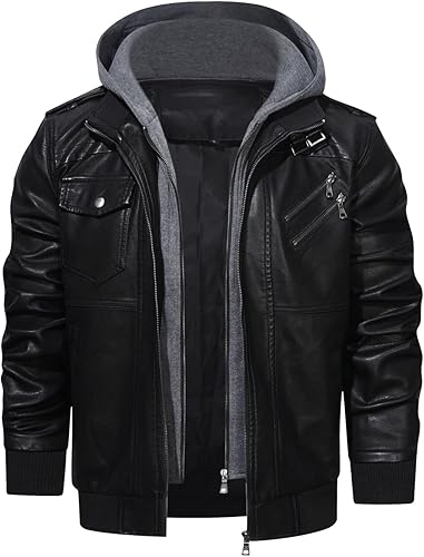 HOOD CREW Men’s Casual Stand Collar PU Faux Leather Zip-Up Motorcycle Bomber Jacket With a Removable Hood