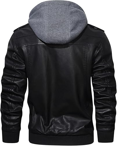 HOOD CREW Men’s Casual Stand Collar PU Faux Leather Zip-Up Motorcycle Bomber Jacket With a Removable Hood