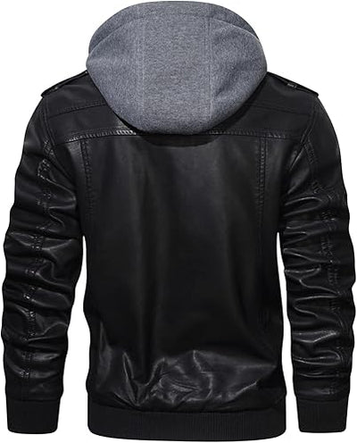 HOOD CREW Men’s Casual Stand Collar PU Faux Leather Zip-Up Motorcycle Bomber Jacket With a Removable Hood