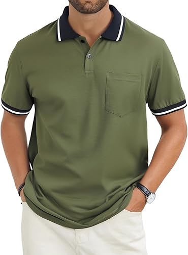 Men's Casual Short Sleeve Polo Shirts Classic Button Summer Collared Golf Top T-Shirt with Pocket