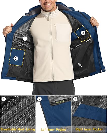 Men's Hooded Windproof Water Resistant Rain Jacket Windbreaker 5 Pockets for Hiking,Fishing,Travel