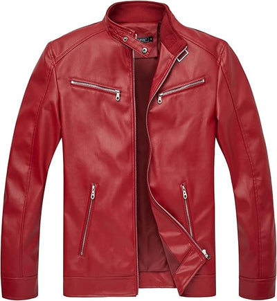 WULFUL Men's Stand Collar Leather Jacket Motorcycle Lightweight Faux Leather Outwear