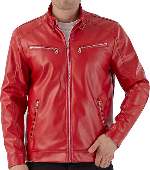 WULFUL Men's Stand Collar Leather Jacket Motorcycle Lightweight Faux Leather Outwear