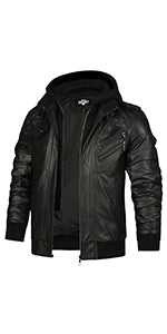 HOOD CREW Men’s Casual Stand Collar PU Faux Leather Zip-Up Motorcycle Bomber Jacket With a Removable Hood